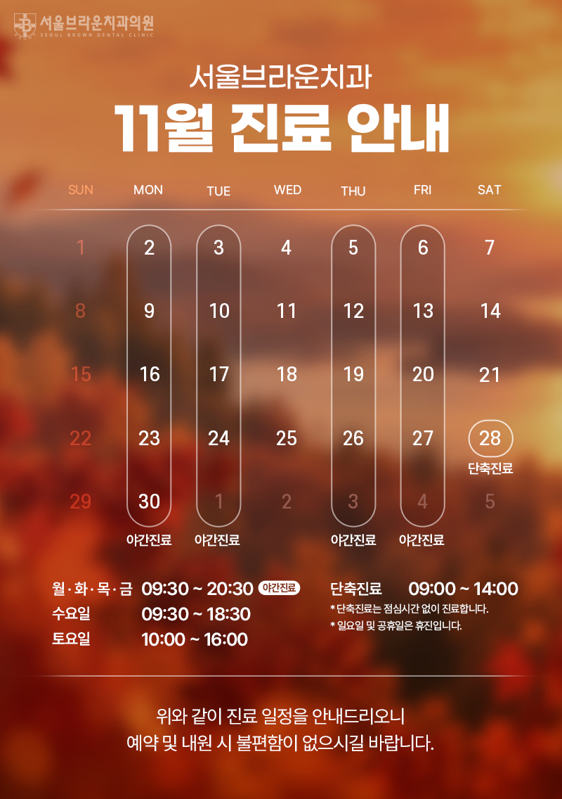 대전치과 서울브라운치과의 11월 진료일정 안내