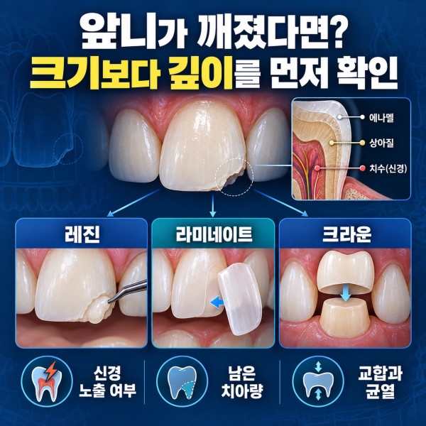 앞니 깨짐 치료에서 손상 깊이에 따라 레진 라미네이트 크라운을 비교하는 안내