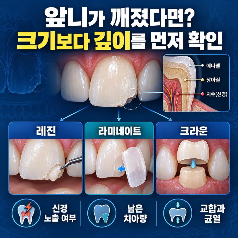 앞니 깨짐 치료에서 손상 깊이에 따라 레진 라미네이트 크라운을 비교하는 안내