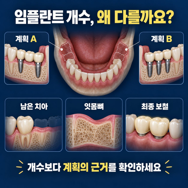 임플란트 개수가 다른 두 치료계획과 남은 치아 잇몸뼈 최종 보철 확인 기준을 보여주는 개념도