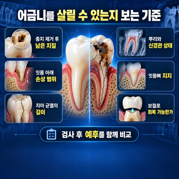 충치 제거 후 남은 치질 잇몸 아래 손상 치아 균열 뿌리 잇몸뼈와 보철 가능성 체크리스트