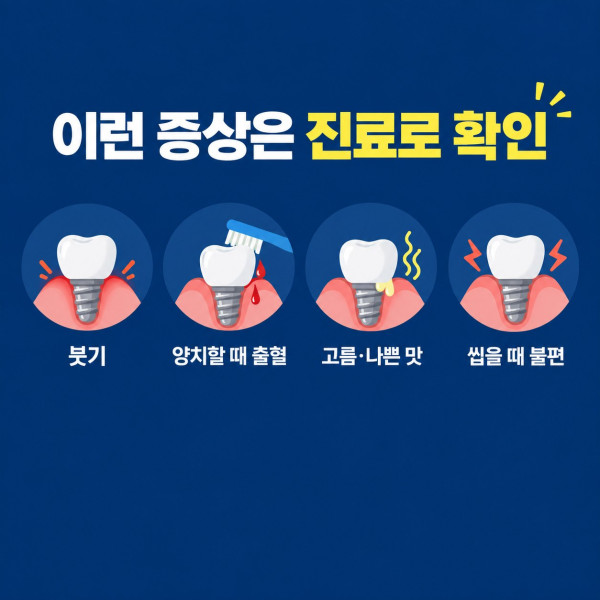 임플란트 주변 잇몸 붓기 양치 시 출혈 고름 나쁜 맛과 씹을 때 불편감 체크리스트