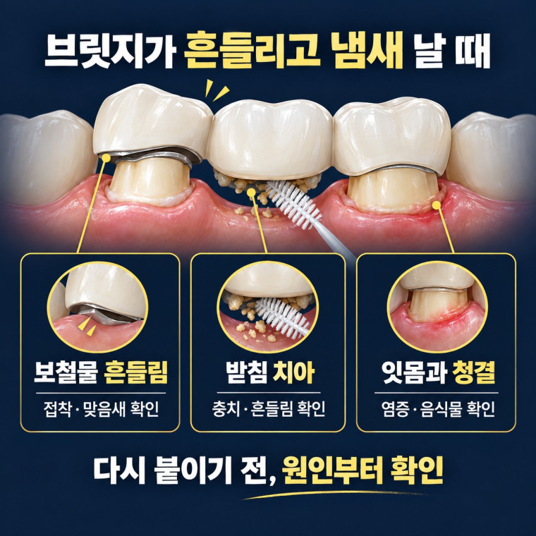 대전 브릿지 재치료 상담 전 브릿지 흔들림과 냄새가 날 때 보철물 받침 치아 잇몸을 확인하는 안내
