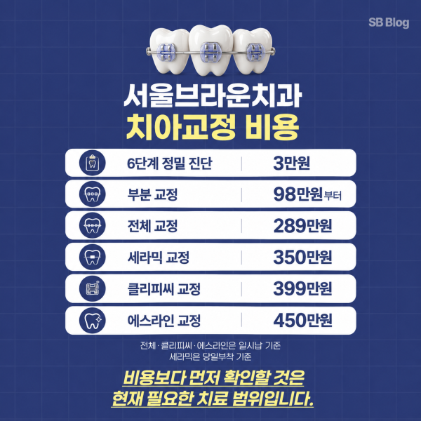 서울브라운치과 성인 치아교정 6단계 정밀진단 부분교정 전체교정 세라믹 클리피씨 에스라인 비용 안내