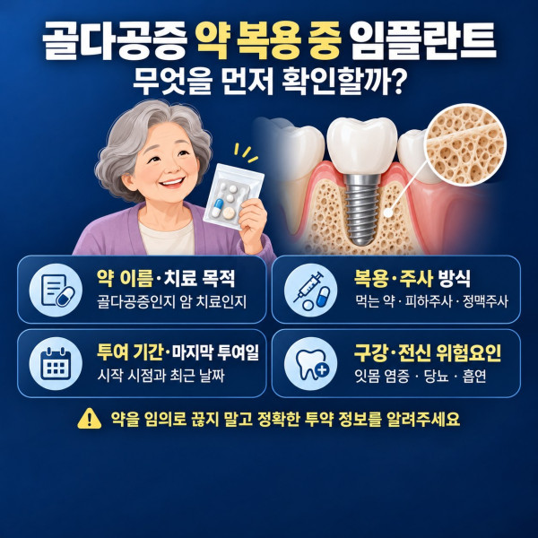 골다공증 약 임플란트 상담 전 약 이름 치료 목적 투여 방식 기간과 구강 상태 확인 안내