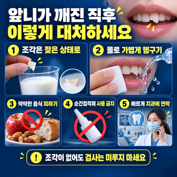 앞니가 깨진 직후 치아 조각 보관과 음식 주의 및 빠른 치과 진료가 필요한 증상 체크리스트