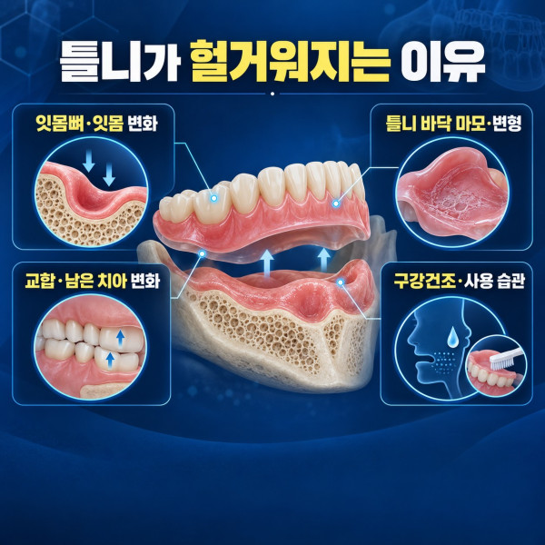 헐거운 틀니 원인을 잇몸뼈 변화 틀니 마모 교합 변화 구강건조와 사용 습관으로 나눈 체크리스트