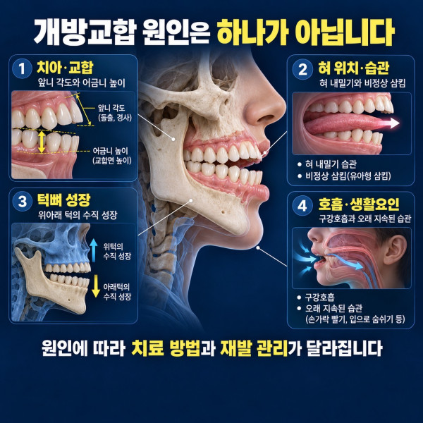개방교합 원인을 치아 위치 혀 습관 턱뼈 성장과 호흡 습관으로 나눈 진단 체크리스트