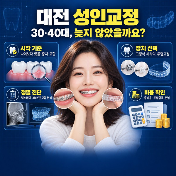 대전 성인교정 상담 전 30대 40대의 시작 기준과 장치 선택 정밀진단 비용 확인 안내