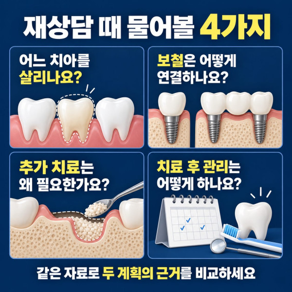 임플란트 개수가 다른 계획을 재상담할 때 치아 보존 보철 연결 추가 치료 사후관리를 묻는 질문