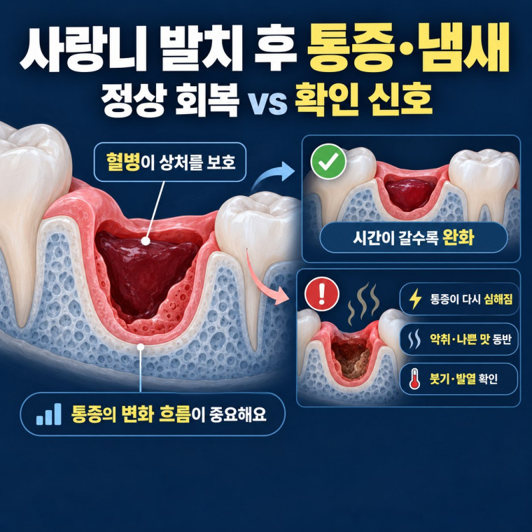 사랑니 발치 후 통증과 냄새에서 정상 회복과 드라이소켓 확인 신호를 비교한 대전 치과 안내
