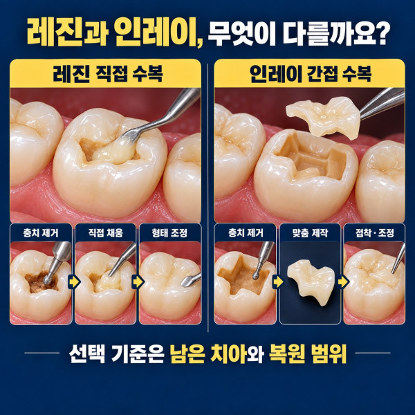 충치치료에서 레진 직접 수복과 인레이 맞춤 제작 접착 과정의 차이 비교