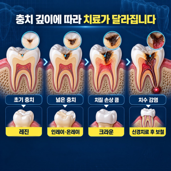 어금니 충치 깊이에 따른 레진 인레이 온레이 크라운 신경치료 후 보철 비교 안내