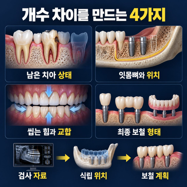 임플란트 개수를 계획할 때 남은 치아 상태 잇몸뼈 위치 교합 최종 보철 형태를 확인하는 인포그래픽