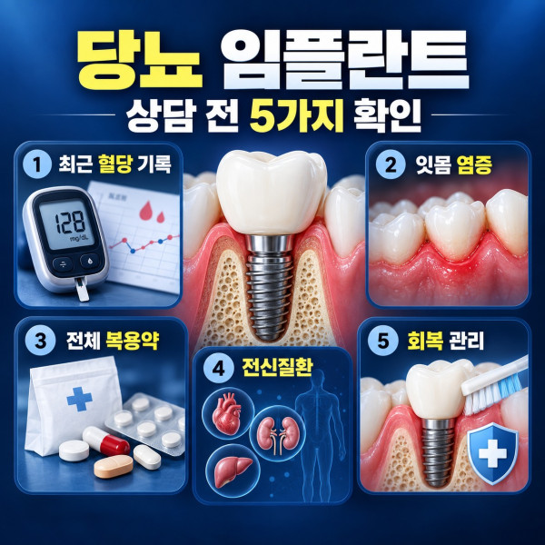 대전 당뇨 임플란트 상담 전 혈당 기록 잇몸 염증 복용약 전신질환 회복 관리 확인사항