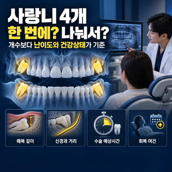 대전 사랑니 4개 발치 전 네 개 사랑니의 매복 깊이 신경 거리 수술 시간과 회복 여건을 확인하는 기준