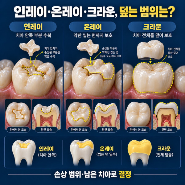 인레이 온레이 크라운이 치아의 손상된 부분과 씹는 면을 덮는 범위 비교